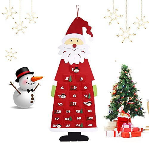 Adventskalender zum Befüllen Kinder, DIY Weihnachtskalender zum Befüllen und Aufhängen mit Türchen, Filz Adventskalender Santa, Weihnachtskalender zum Befüllen Kinder Stoff, Rot