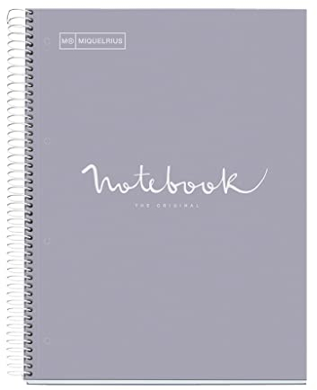 Miquelrius - Notizbuch A4 Notebook Emotions, 120 Blatt 90 g/m², Raster 5 x 5 mm, 5 Farbige Streifen, Mikroperforierte Spirale, Extra fester Einband, 4 Löcher, Farbe Grau