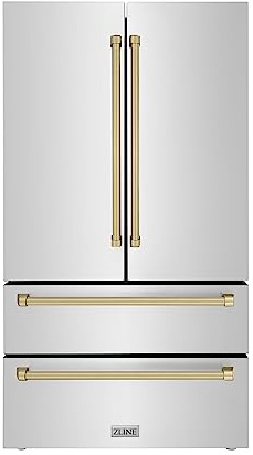 ZLINE Autograph Edition 36 in. 22.5 cu. ft. Counter-Depth French Door Refrigerator with Ice Maker in Fingerprint-Resistant Stainless Steel with Champagne Bronze Traditional Handles (RFMZ-36-CB)