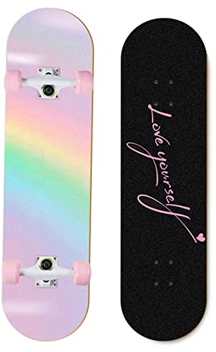Skateboard Girls Adults Teens Girls Boys- 7 Tier Maple Deck 80 X 20cm Rainbow Skateboard with Backpack (Rainbow Pink)