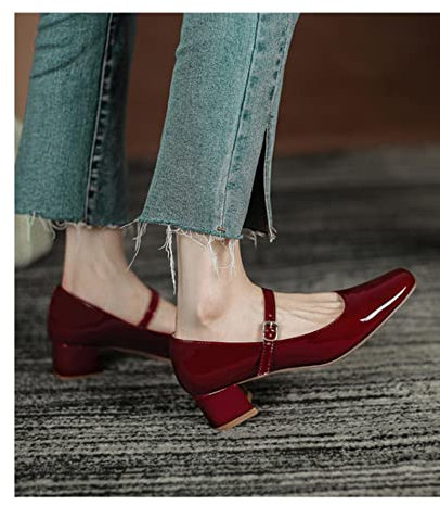 YUAB Scarpe Mary Jane da Donna Primavera e Autunno Scarpe con Tacco Basso in Pelle Verniciata Scarpe da Ragazza con Fibbia Bassa Punta Quadrata-Rosso,38