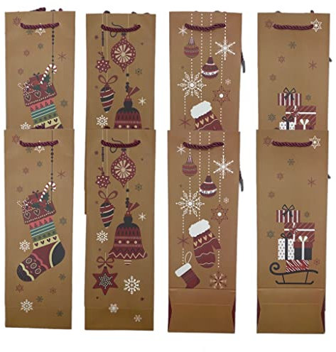 eBoutik - Christmas Wine Bags - Set of 6 Strong Hold Traditional Festive Colours for Presents to Friends & Family - Strong, Premium Bags with Carry Handles (Brown)