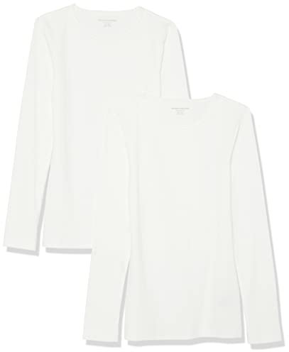 Amazon Essentials Women's Slim-Fit Long Sleeve Rib Knit Crew Neck Top (Available in Plus Size), Pack of 2, White, XS