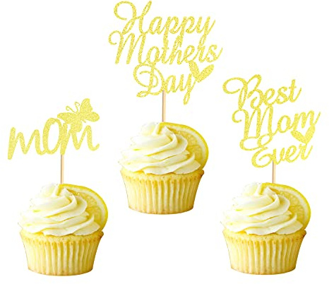 Arthsdite 24Pcs Happy Mothers Day Cupcake Toppers Best Mom Ever with Butterfly Cupcake Picks Mother's day Cake Decoration Party Decoration Supplies - Gold Glitter