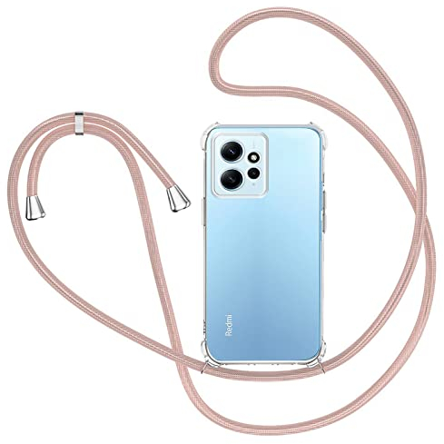 XTCASE Coque pour Xiaomi Redmi Note 12 4G avec Cordon, Etui avec Collier - Tour de Cou Lanière en Corde - Transparente Silicone Housse avec Cordage Lanyard Case, Or Rose