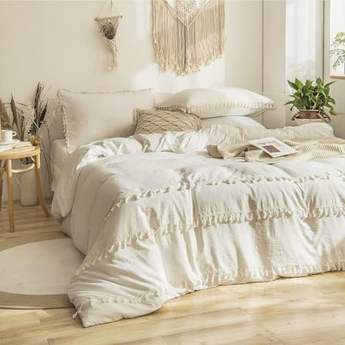 Freyamy Böhmen Bettwäsche 220x240cm 3teilig Weiß Quaste Fransen Boho Chic Bettwäsche Gewaschene Microfaser Bettwaren-Sets Bohemian Mädchen Bettbezug mit Reißverschluss und 2 Kissenbezug 80x80cm