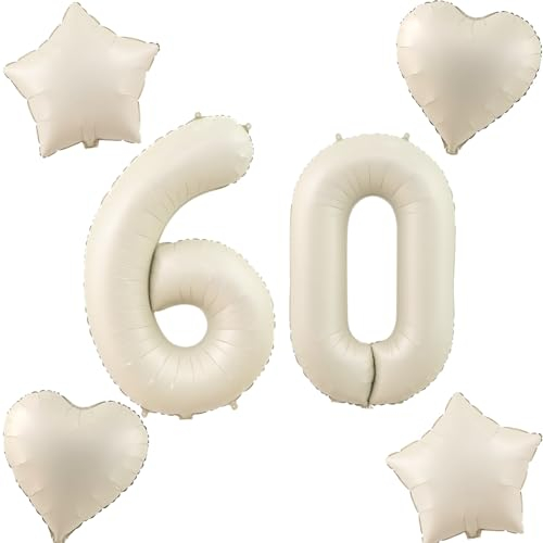 Beige Luftballons Zahl 60+4 pcs herz/stern Folienballon Zahl 60 .Geburtstag frau mädchen,60 Riesenzahl Ballons 60 .geburtstagsdeko mann,Zahlenballon 60, Helium Ballons 60 Zahlen Luftballon