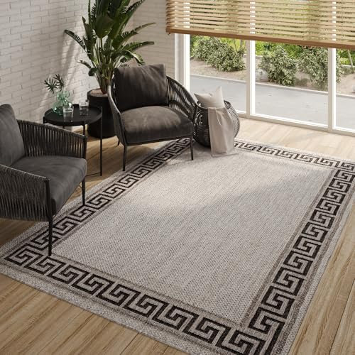 TAPISO Melissa Teppich Outdoor Grau Schwarz Griechisch Flachgewebe Indoor Wohnzimmer Küche Flur Balkon Terrasse Sisal Wetterfest ÖKO-TEX 200 x 290 cm