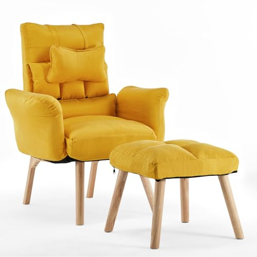 TUKAILAI Relaxsessel mit liegefunktion,Fernsehsessel,Polstersessel aus Baumwolle und Leinen,Sessel mit schlaffunktion,ohrensessel mit hocker,verstellbar Einzelliegesessel Wohnzimmer Heimkino,Gelb