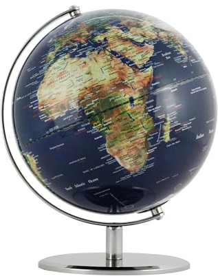 Globus mit 25 cm Durchmesser – PLANET – verchromter Metallfuß, topografische Karte – bewegliche Achse – blau, grün – TROIKA Original