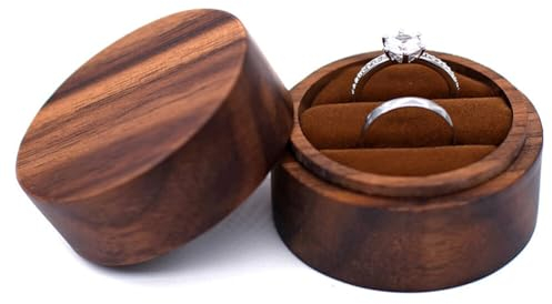 Wooauto Runde Holz Hochzeit Ring Box Ringschachtel Hochzeit Mini Ring Halter Schmuck Lagerung Geschenk Box für 1/2 Ringe Hochzeit Ring Box mit Samt Weichen Innenraum für Verlobung Hochzeit