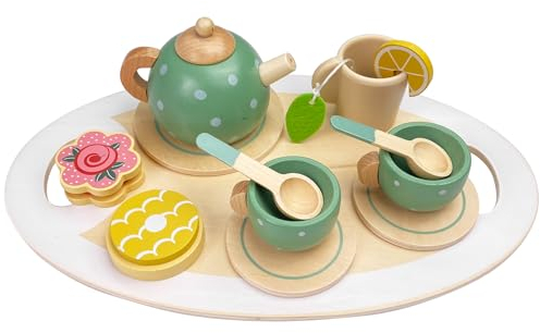 Relota 15 Pcs Service à thé Enfant, dinette Bois, Tea Set for Play Kitchen, Jouet en Bois Sets, Accessoires de Cuisine pour Enfants, Jeu de Éducatif Éveil Montessori, Jeux de Rôle pour Filles Garçons