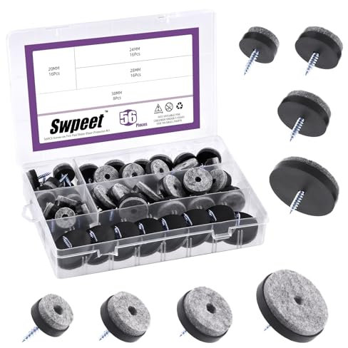Swpeet Kit di 56 feltrini neri per mobili, antiscivolo, con feltrini a vite, protezione per pavimenti per gambe in legno di sedie, tavoli, divani, 20 mm, 24 mm, 28 mm, 38 mm