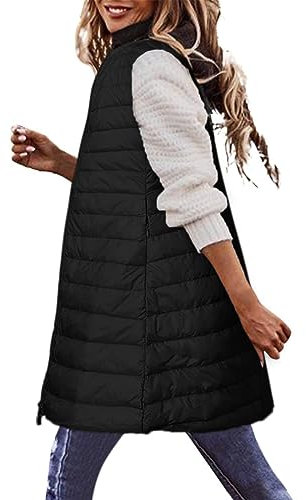 Womens Diamond Quilted Padded Long Sleeveless Jacket Funnel Neck Outerwear Ladies Waistcoat Gilet Longline Coat Bodywarmer without hood Vest Adjustable Waist Clearance
