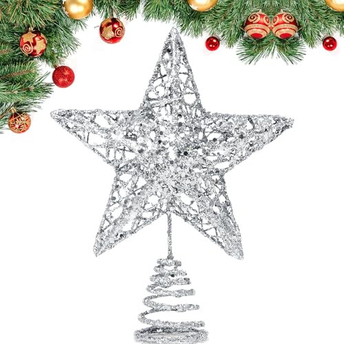 GXFCING Stelle Dell'albero di Natale Argento, 20cm Metallo Stelle Superiori Dell'albero di Natale, Puntale Albero di Natale Luminosa per decor d'albero di Natale per Feste e Casa