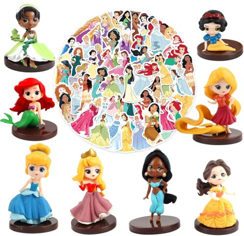 8 Pcs Prinzessin Figuren Geburtstagdeko, 50 Pcs Prinzessin Aufkleber Sticker, Prinzessin Kuchen Deko Figuren, Prinzessin Tortenaufleger, Prinzessin Figuren Cake Topper, Prinzessin Spielzeug Tortendeko