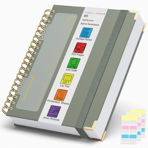 HAUTOCO Notizbuch B5 Liniert, Bullet Dot Journal, Spiral-Notizbücher 320 Seiten/160 Blatt, 100 gsm, Dickes Papier, Hardcover Notizbuch für Arbeit, Büro, Schule, Business, 25 x 17.6 cm - Olivgrün