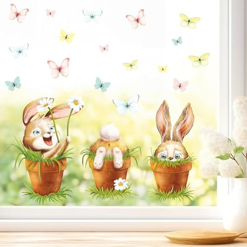 Wandtattoo Loft Fensterbilder Frühling Hasen im Blumentopf Motiv – A4 Bogen, Wiederverwendbar – Frühlingsdeko Fenster, Frühlingsbild Fenster, Fensterdeko Frühling, Fensterfolie Frühling Selbstklebend