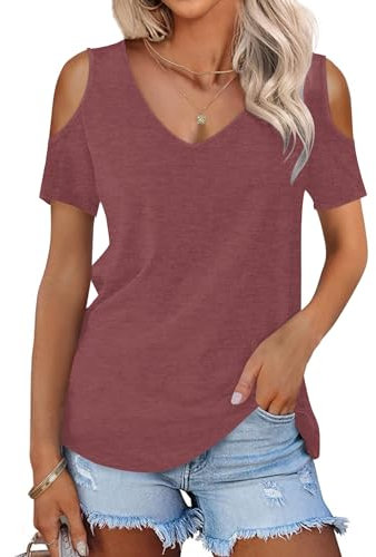 WNEEDU Camiseta para mujer, cuello de pico, manga corta y elegante, borgoña, XXX-Large