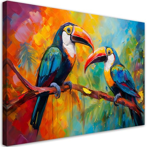 Feeby Leinwandbild - Bilder Wohnzimmer - Tukan Bunte Tropische Vögel - 45x30 cm 1tlg - Deko Schlafzimmer - Wanddekoration - Aesthetic - Groß Moderne Bild - Foto auf Leinwand