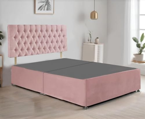 BED TIME UK - Luxe Pink Plush Bed Frame| Bed Base with Stylish 20 Chesterfield Headboard | Bed Frame with 2-Drawer Storage (4FT6 Double)