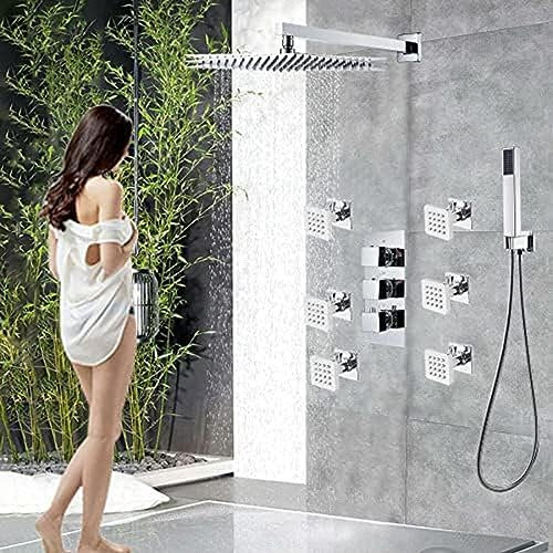 CAQSHN Sistema de Grifo de Ducha termostático con LED, Ducha de Lluvia combinada, Juego de Mezclador de Masaje, Grifo sin LED de 20 Pulgadas (Pared)
