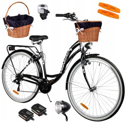 BDW Damen Cityrad 28 Zoll, 18'' Stahlrahmen, 6 Gänge mit Weidenkorb, V-Brake Bremsen, 120 kg Belastbarkeit (Schwarz)