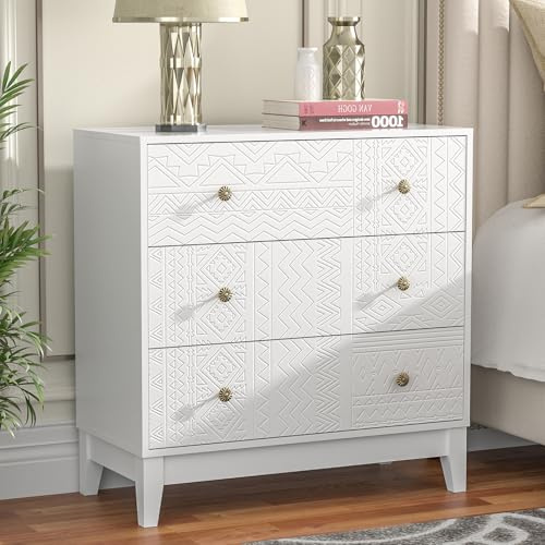 Skokliz Kommode weiß graviert Textur Sideboard mit 3 Schubladen 80x38x81,8cm Moderner Schubladenschrank Kommode für Schlafzimmer Wohnzimmer Flur Möbel