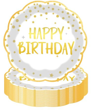 LDFDRT 7 inch Party Paper Plates for Dinner Cake Dessert 50 pcs Paper Tableware Plates Party Supplies for Birthday Holiday Wedding Baby Shower Decorations (White Gold Birthday)