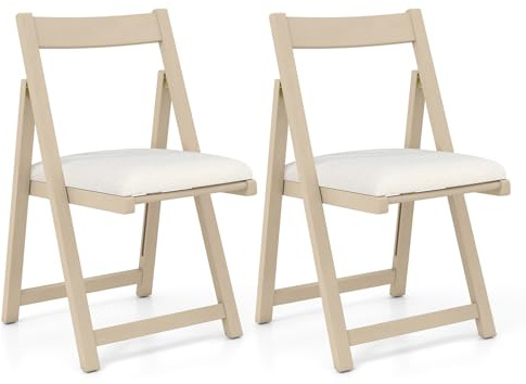 COSTWAY 2er Set Esszimmerstühle klappbar, Küchenstühle mit gebogenem Rückenlehne & Gummiholzbeinen, Polsterstuhl Klappstuhl bis 150kg belastbar, Stuhl für Esszimmer, Hochzeit & Restaurant (Natur)