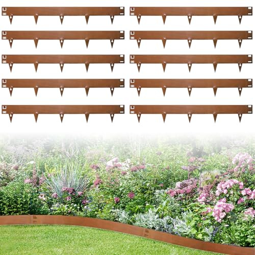Bellanny Rasenkante Cortenstahl 107,5x20cm, 10Pcs Flexible Rasenkanten, Beeteinfassung aus Metall Beetbegrenzung - Beetumrandung, Landschaftskanten Streifen, Mähkante für Garten,Hof,Einfahrt,Terrasse