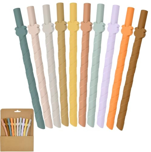 Kleemeiero 10 Stück Silikon Strohhalm Strohhalme mit Reinigungsbürste 10 mm Trinkhalme BPA-Frei Kleiner Bär Wiederverwendbar Silikonstrohhalme Kinderstrohhalme Trinkröhrchen für Kinder & Erwachsene