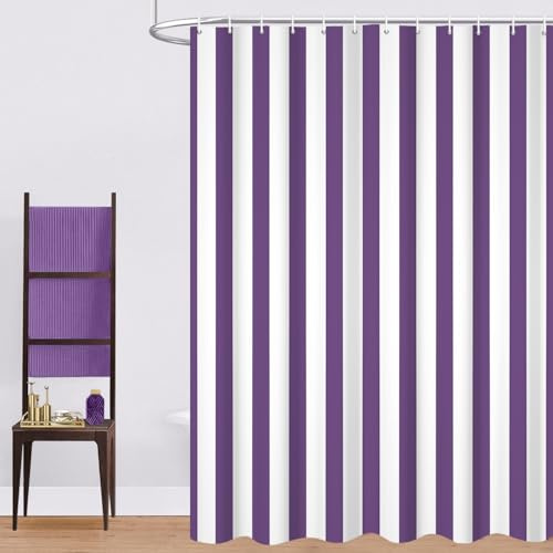 GCIREC Rideau de Douche, 180x200cm, Violet et Blanc Minimalisme Moderne Rayures Verticales Tissu Pmperméable Machine Lavable Rideau de Salle de Bain avec Crochets