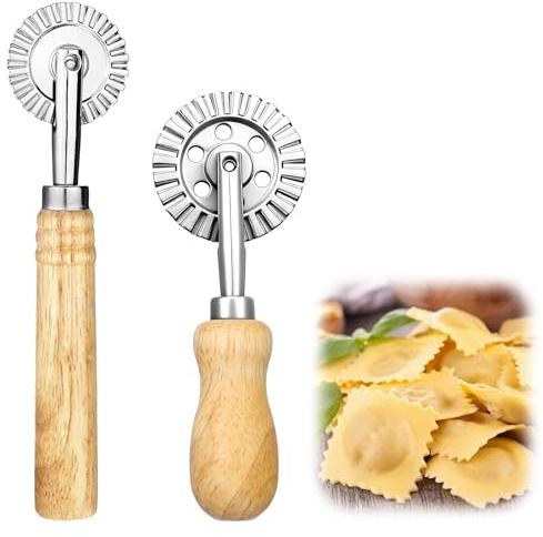 2 Stück Gezähnter Teigrad Teigschneider Roller Mit Holzgriff,Gewellter Nudelschneider Gewelltes Schneidrad Pastry Cutter Wheel Ravioli Crimper Cutter Rad Teigrädchen für Küche Konditorei Pizza-2 Größe