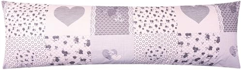 Renforcé Seitenschläferkissen Bezug 40x145cm - Landhaus Blumen (EW-422/1) | 100% Baumwolle - Geblümt, Herzen, Bezug, Kissenbezug, Grau, Reißverschluss auf der langen Seite