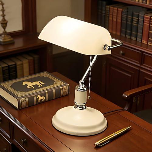 AoLa Bankerlampe Weiß Vintage Tischlampe mit Schalter und Stecker E27 Retro Classic American Tischleuchte mit Weiß Glasschirm Nostalgielampe für Büro Bibliothek Studierzimmer Schlafzimme, Kabel 1,5m