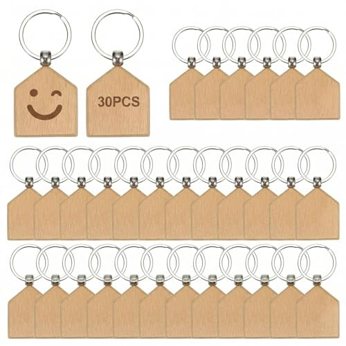 30 Stück Schlüsselanhänger Holz Rohlinge, Holz Schlüsselanhänger zum Gravieren, Anhänger mit Schlüsselringen für DIY, Basteln, Geschenke und Personalisierung, Fünfeckig