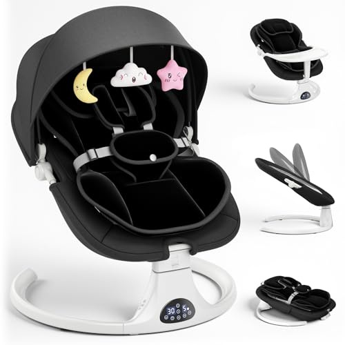 Verstellbare Rückenlehne Babyschaukel, Bluetooth Elektrisch Babywippe Mit Abnehmbares Kissen und Abnehmbarem Beistelltisch, Steuerung per Fernbedienung/IMD-Bedienfeld, 3 Timer 12 Melodien (Schwarz)