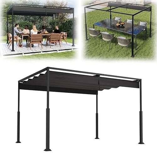 VA-Cerulean Metall Pergola mit Schiebedach, 3x4 m Pavillon Stabil Terrassenüberdachung Sonnenschutz überdachung Freistehend Gartenpavillon mit Robusten Metallsäulen für Gärten Schwarz