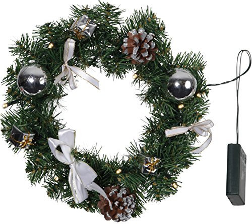 Star 601-16,LED-Tannenkranz, ca. 30 x 30 cm, 10 warmwhite LED, grün, silberne Deko, Batterie, 0.7 x 3.0 x 3.0 cm