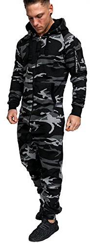 Amaci&Sons Herren Overall Jumpsuit Jogging Cargo-Style Onesie Trainingsanzug Camouflage 3006 Camouflage Schwarz L