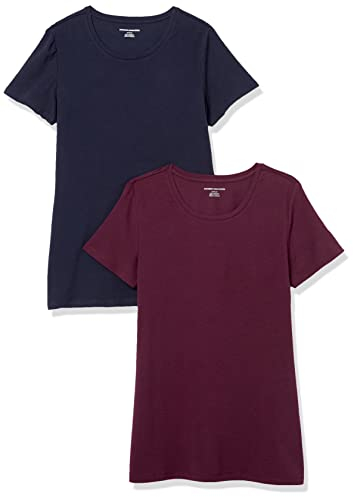 Amazon Essentials Damen T-Shirt mit kurzen Ärmeln und Rundhalsausschnitt in normaler Passform, 2er-Pack, Burgunderrot/Marineblau, L
