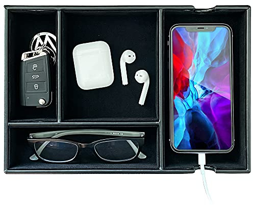 SUKKMORI Nightstand Valet Organizer Tray – PU Leather Desktop Organizer for Men and Women – Dresser Top Organizer with 4 Compartments – Jewelry Box for Keys, Wallet, Phone, Watch – Catchall EDC Tray
