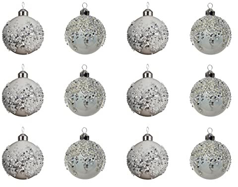 Decoris Weihnachtskugeln mit Pailletten Glas 8cm x 12 Stück Perlen Christbaumkugeln winterweiß