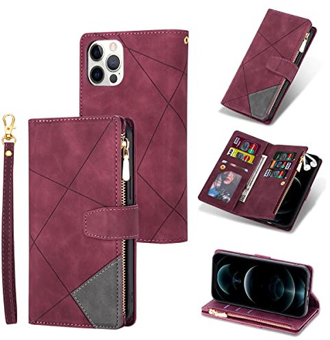 UEEBAI Wallet Case for iPhone 13 Pro 6.1 inch, Vintage Premium PU Leather Cover Flip Case with Card Slots Magnetic Closure Zipper Pocket Kickstand Handbag with Hand Strap - Splice Wine Red