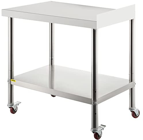 VEVOR Tavolo da Lavoro in Acciaio Inossidabile 610 x 381 x 1005 mm, con 4 Ruote, 3 Livelli di Altezza Regolabili, Tavolo Resistente per Preparazione Alimenti Ristoranti Cucina Commerciale, Argento