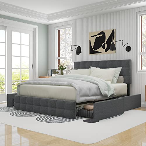 Merax Polsterbett mit 4 Schubladen, Doppelbett mit Lattenrost, 140x200cm Stauraum Bett mit höhenverstellbares Kopfteil & quadratisches Nähdesign, Leinenmaterial, für Erwachsene&Jugendliche, Grau