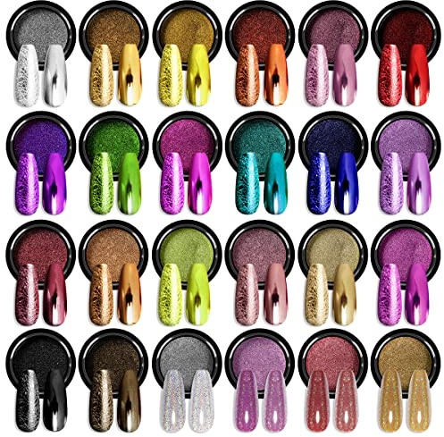 Saviland Chrome Nail Powder Set – 24 Farben Nail Art Powder Mirror Metallic Laser Holographic Effect Pigment Nail Glitter Maniküre Dekoration für Nagelstudio Home DIY