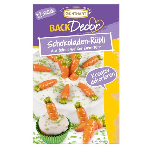 Günthart BackDecor 12 Schokoladen-Rübli aus weißer Kuvertüre für einen Rübli-Kuchen zum Dekorieren und Verzieren von Süßspeisen passend zu Ostern , 1er Pack (15 gr)