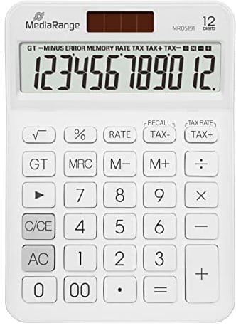 MediaRange Taschenrechner mit Steuerberechnung, 12-stelliges LC-Display, Solar- und Batteriebetrieb, weiß